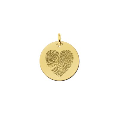 Ronden gouden hanger met twee vingerafdrukken in hartvorm