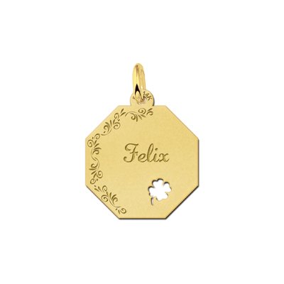 Dit is een elegante gouden graveerplaat voor je naam met een geluks klavertje vier. 