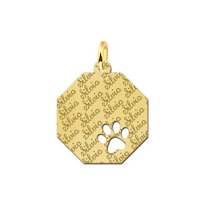 Gouden achthoekige hanger met herhaald naamgravure en pootafdruk 