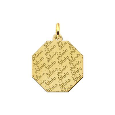 Gouden achthoekige hanger met herhalende gravure van naam 