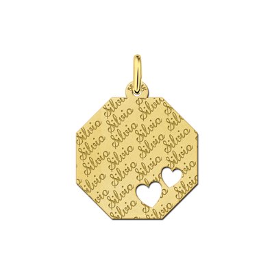 Gouden achthoekige hanger met herhalende naamgravure en twee hart symbolen 