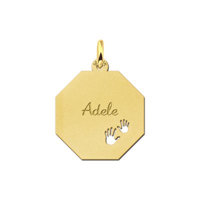 Gouden achthoekige hanger met naamgravure en babyhandjes symbool 