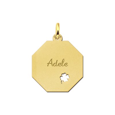 Gouden achthoekige hanger met naamgravure en klavertje vier 