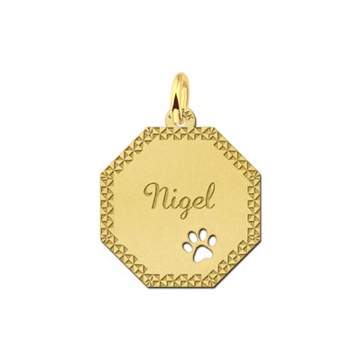 Gouden achthoekige hanger met naamgravure en pootafdruk 
