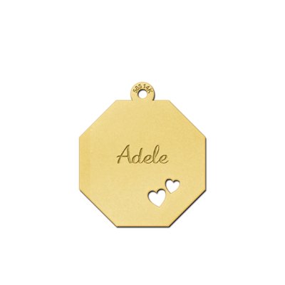 Gouden achthoekige hanger met naamgravure en twee hart symbolen 