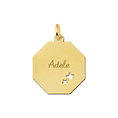 Gouden achthoekige hanger met naamgravure en twee sterren 