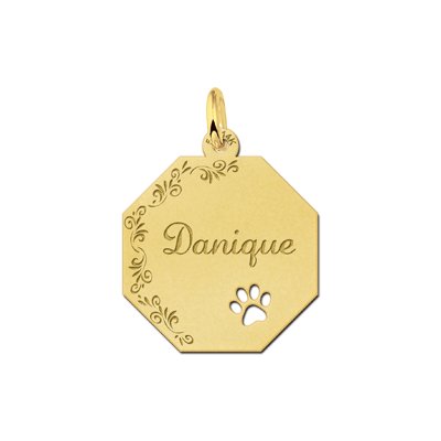 Gouden achthoekige hanger met naamgravure, sierlijke rand en pootafdruk 