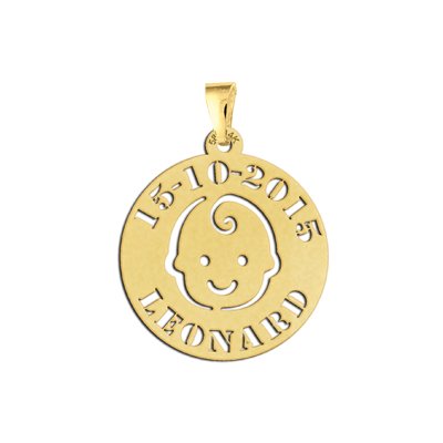 Gouden babyhanger krul in haar met naam en datum 