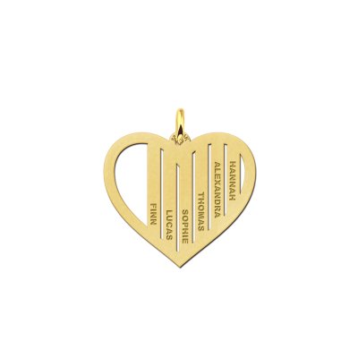 Gouden familieketting in hartvorm met levensboom en namen