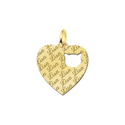 Gouden hangertje hart met poezenkopje en tekst