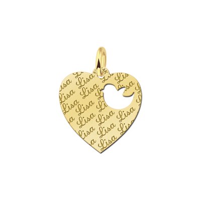 Gouden hangertje hart met vogeltje en tekst
