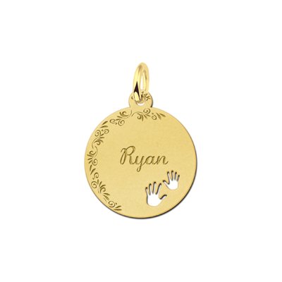 Gouden hangertje rond met je naam met bloemrand en handjes 