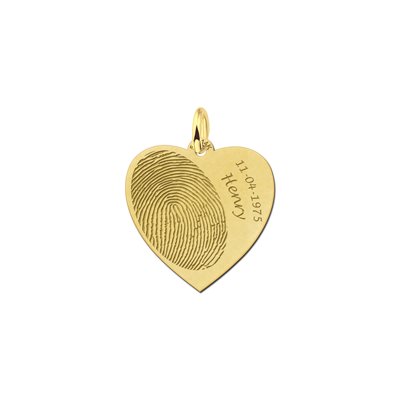 Gouden hart sieraad met vingerafdruk en naam en datum