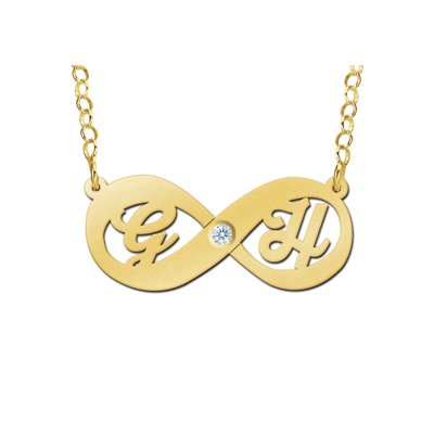 Gouden infinity ketting met zirkonia en initialen 
