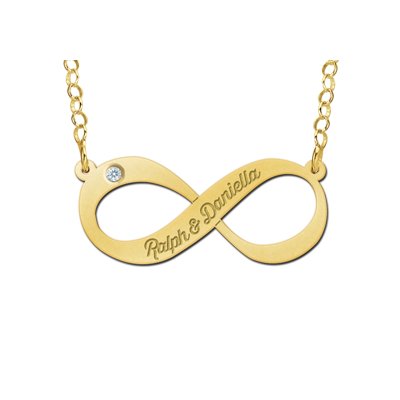 Gouden infinity ketting met zirkonia en twee namen gegraveerd 