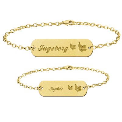 Gouden moeder-dochter-armband bar met naam en vlinders