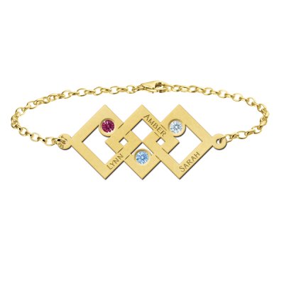 Gouden moeder-dochter-armband met drie rechthoeken en geboortestenen