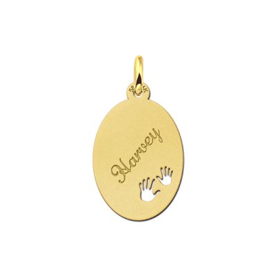 Gouden naamplaatje graveren met 2 handjes. 