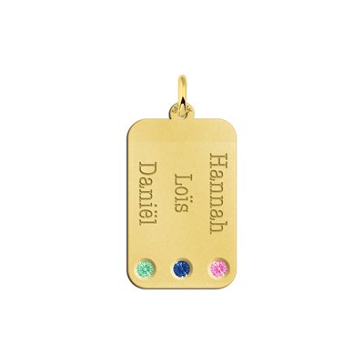 Gouden rechthoekige hanger met drie namen en geboortestenen 