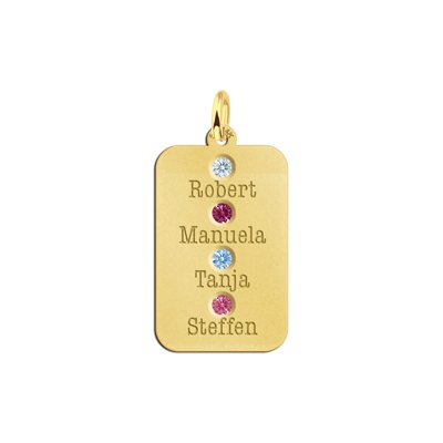 Gouden rechthoekige hanger met vier namen en geboortestenen 