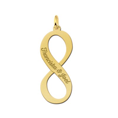 Gouden verticale infinity hanger met twee namen gegraveerd 