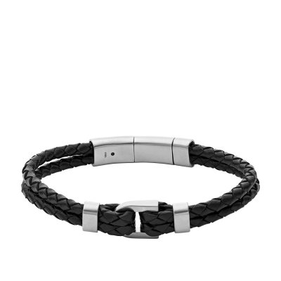 jf04202040. Zwart lederen gevlochten armband.