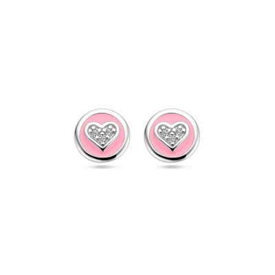 Oorknoppen hart zirkonia en roze emaille