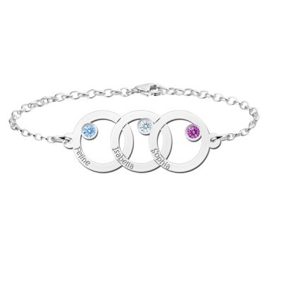 Moeder dochter armband zilver met drie rondjes en geboortesteen