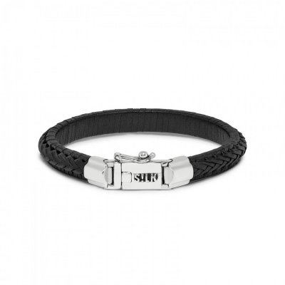 Silk lederen armband zwart met zilveren sluiting model 171,  21cm