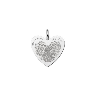 Zilveren hart hanger met 2 vingerafdrukken en namen 
