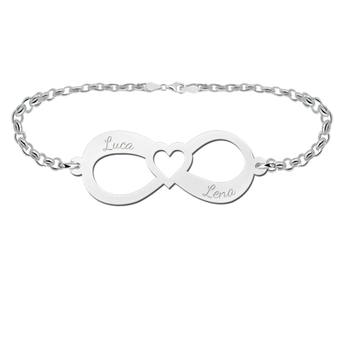 Scheiding Getand tegel Zilveren infinity armband met twee namen en een hart / Anny van Buul  Juweliers Sieraden