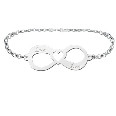 Zilveren infinity armband met twee namen en hart 
