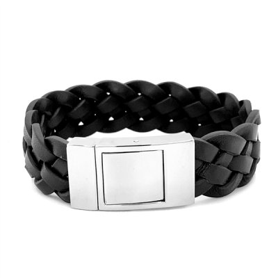 Zwarte gevlochten leren armband met gravure 